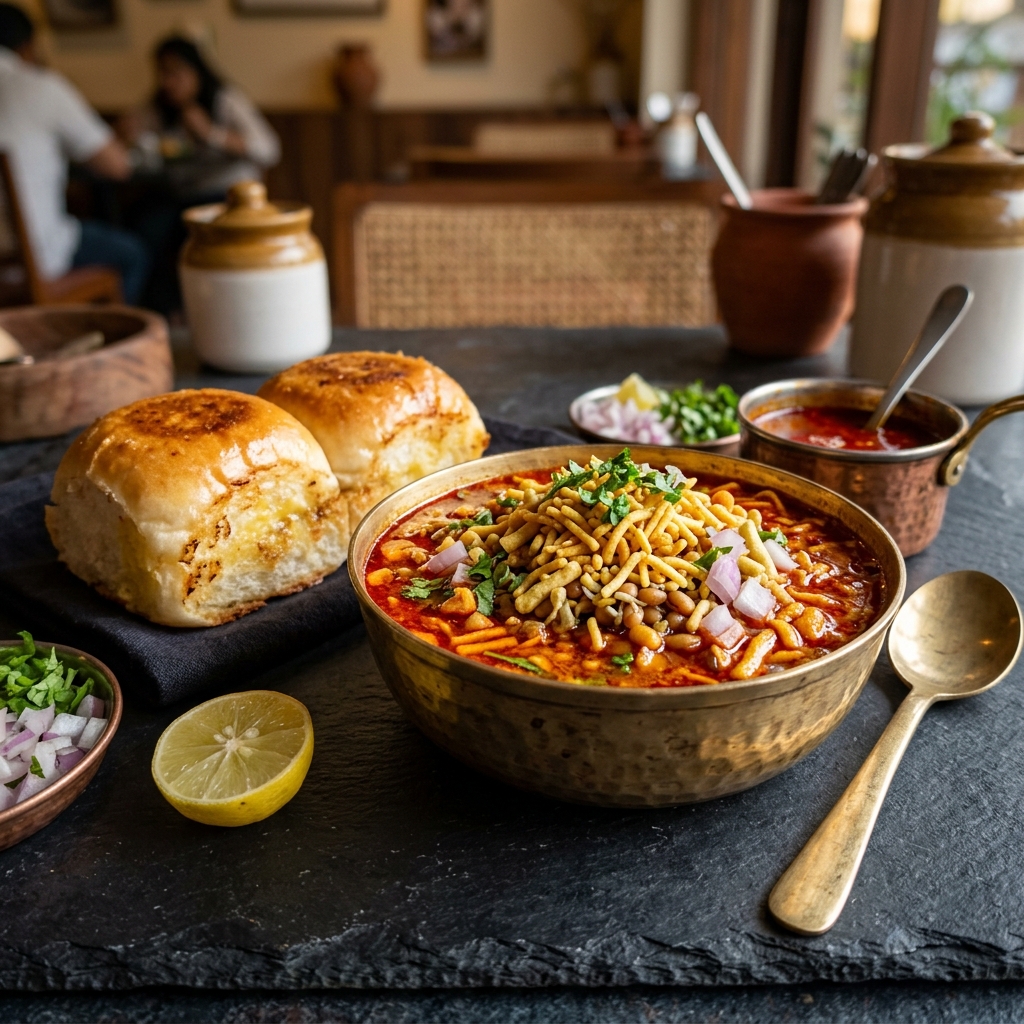 Steaming bowl of Om Sai Special Misal Pav with crispy farsan, sprouted matki and fiery red kat rassa