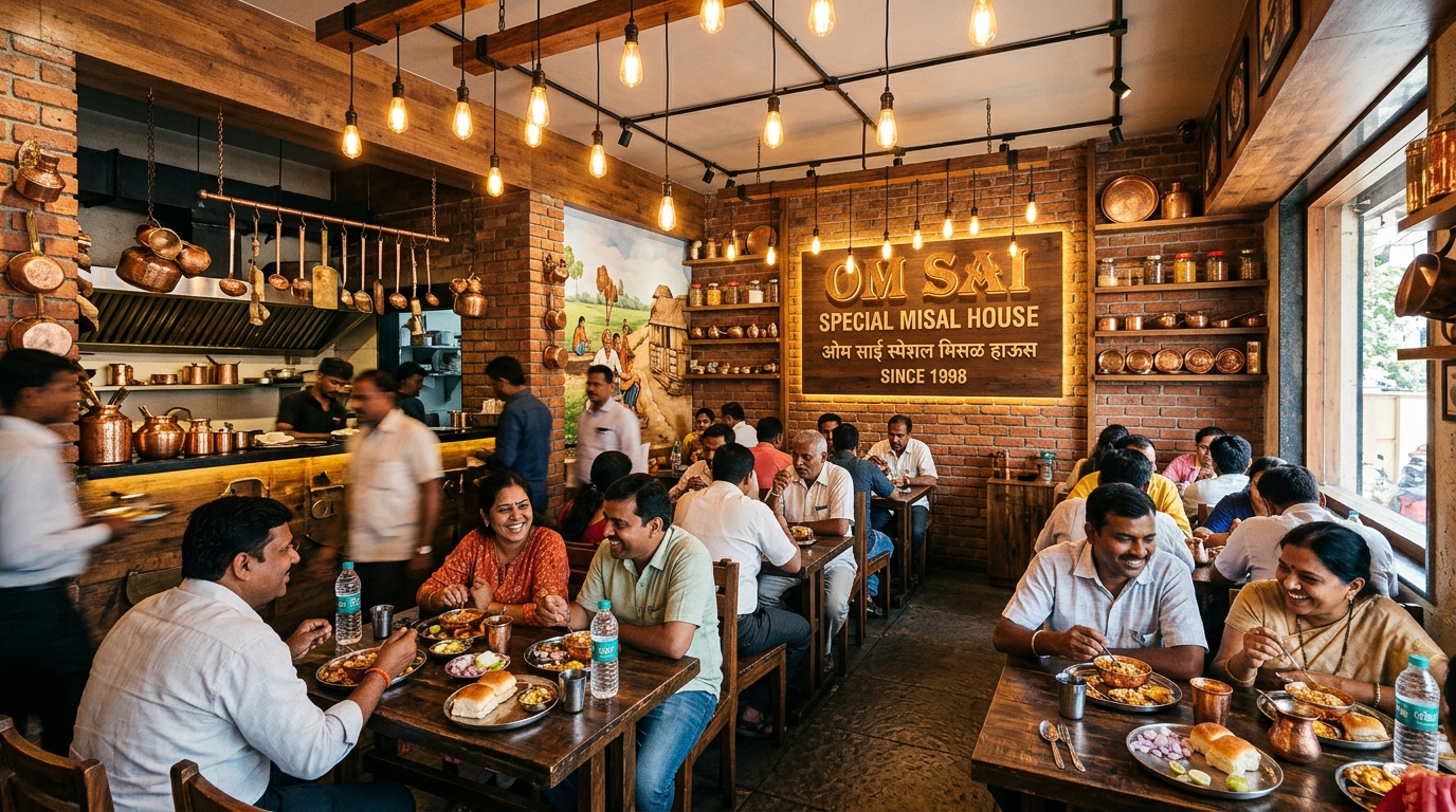 Guests enjoying authentic Misal Pav at Om Sai Special Misal House restaurant